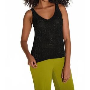 NEW JOSEPH RIBKOFF v-neck metallic knitted camisole with rhinestones in black